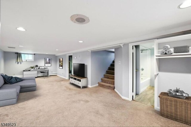 59 James St, Morristown Town, NJ 07960 - living room featuring light carpet, recessed lighting, and stairway
