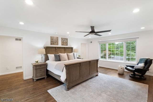 30 Mountain Ridge Dr, Livingston Twp, NJ 07039 - bedroom with dark wood-style floors, recessed lighting, baseboards, and ceiling fan