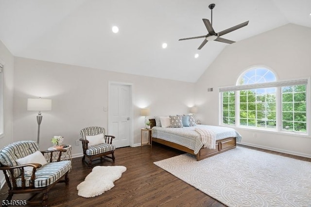 30 Mountain Ridge Dr, Livingston Twp, NJ 07039 - bedroom featuring high vaulted ceiling, baseboards, wood finished floors, recessed lighting, and ceiling fan