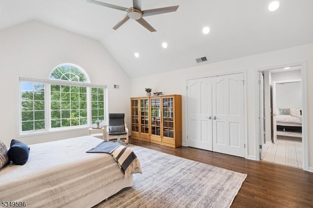 30 Mountain Ridge Dr, Livingston Twp, NJ 07039 - bedroom featuring wood finished floors, recessed lighting, a ceiling fan, a closet, and high vaulted ceiling