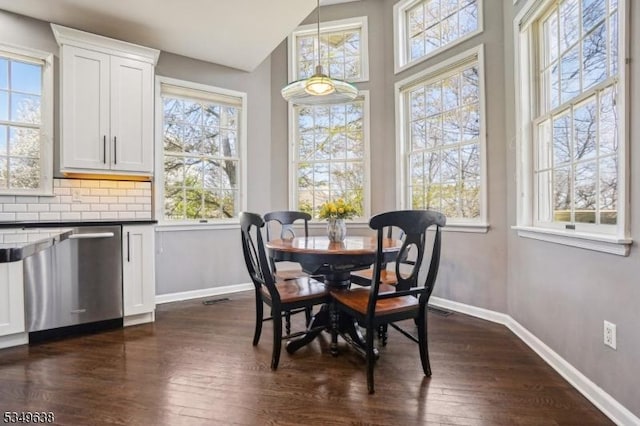 dining area with baseboards, dark wood finished floors, and visible vents