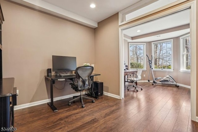 office area with recessed lighting, baseboards, and wood finished floors