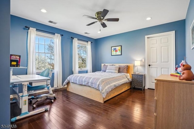 bedroom with recessed lighting, ceiling fan, visible vents, and hardwood / wood-style flooring