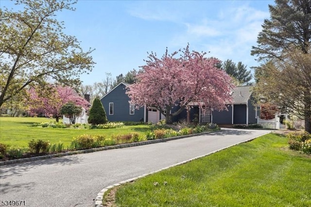 obstructed view of property with a garage, driveway, and a front yard