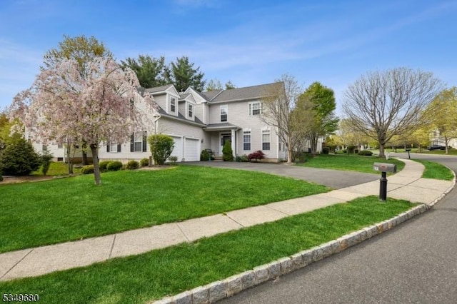traditional home featuring a garage, driveway, and a front yard