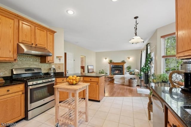kitchen with a peninsula, a lit fireplace, under cabinet range hood, appliances with stainless steel finishes, and backsplash