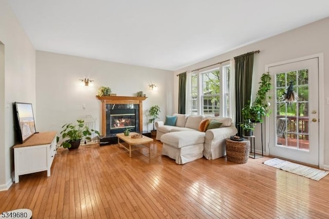 living room featuring a premium fireplace and light wood finished floors
