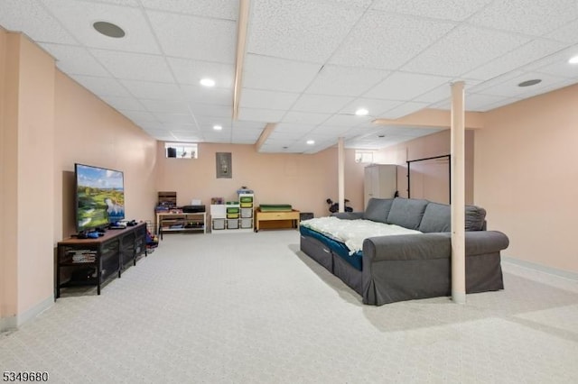 carpeted bedroom with recessed lighting, baseboards, and a drop ceiling