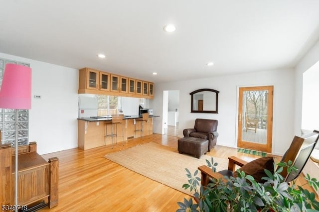 living area featuring a wealth of natural light, light wood-style floors, and recessed lighting