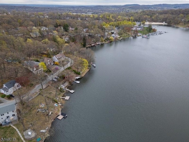 birds eye view of property featuring a wooded view and a water view