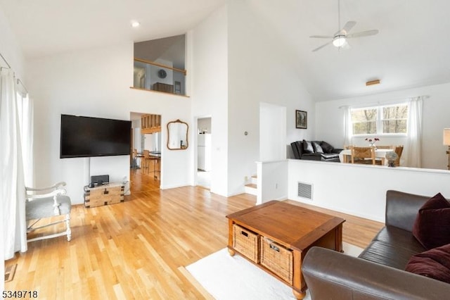 living area with a ceiling fan, visible vents, high vaulted ceiling, and light wood-style floors
