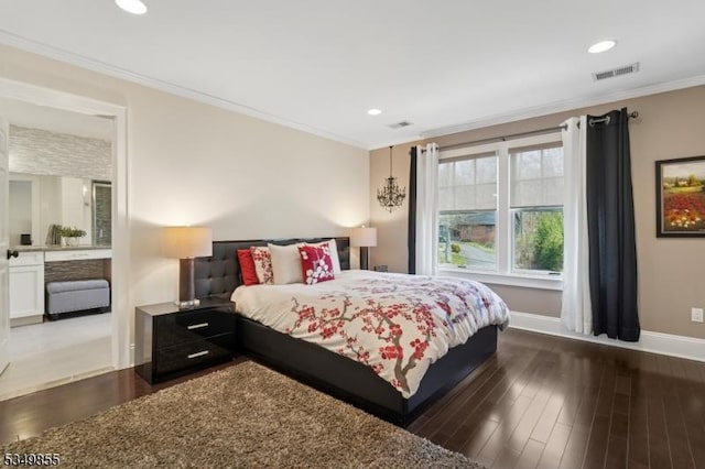 bedroom with baseboards, recessed lighting, crown molding, visible vents, and wood finished floors