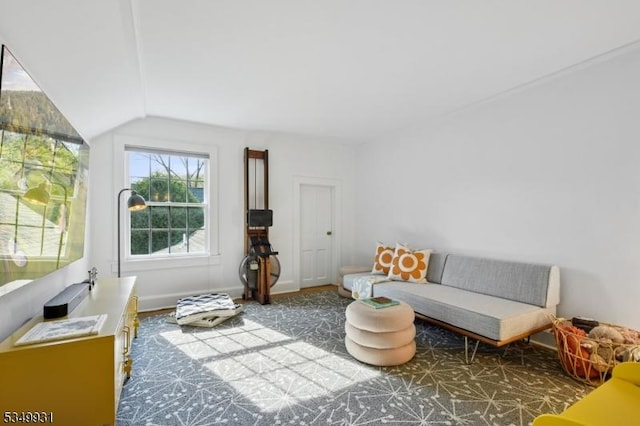living room featuring baseboards and lofted ceiling