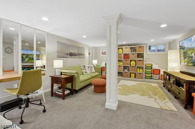 interior space with carpet floors, recessed lighting, baseboards, and ornate columns