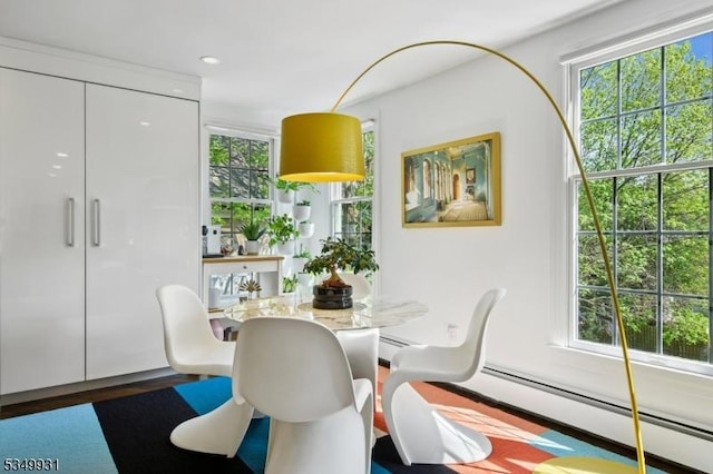 dining area featuring a baseboard heating unit and wood finished floors