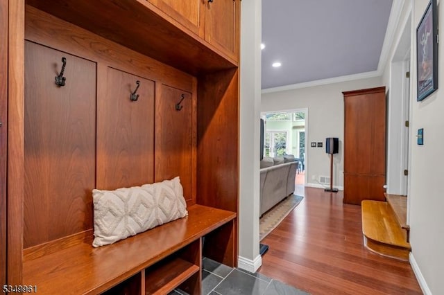 1056 Buxton Rd, Bridgewater Twp, NJ 08807 - mudroom featuring ornamental molding, baseboards, wood finished floors, and recessed lighting