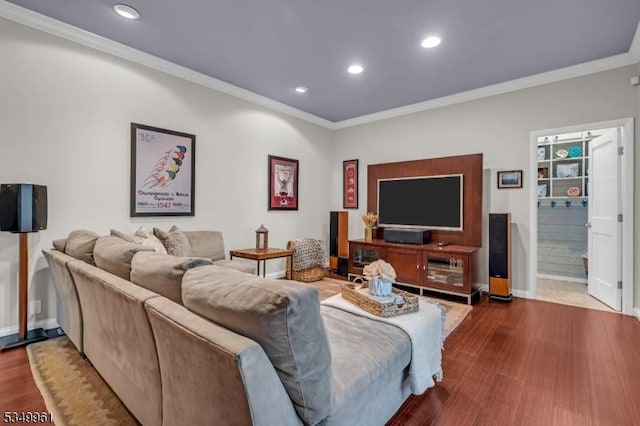 1056 Buxton Rd, Bridgewater Twp, NJ 08807 - living room featuring ornamental molding, dark wood-style flooring, baseboards, and recessed lighting