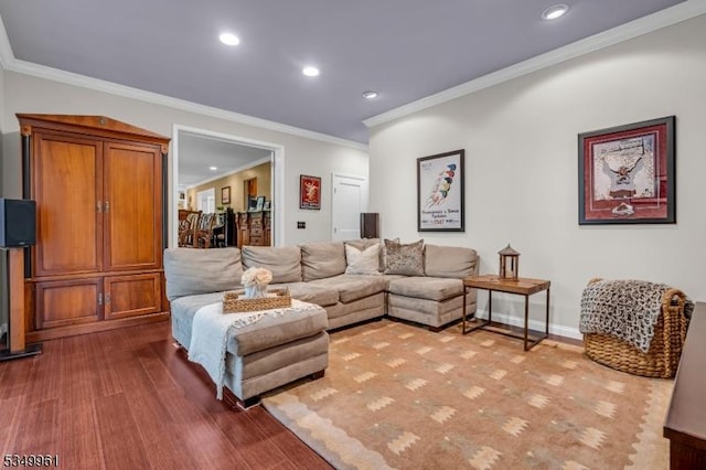 1056 Buxton Rd, Bridgewater Twp, NJ 08807 - living room with wood finished floors, crown molding, baseboards, and recessed lighting