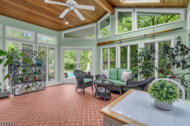 1056 Buxton Rd, Bridgewater Twp, NJ 08807 - sunroom with wood ceiling with exposed beams, high vaulted ceiling, brick patterned flooring, and a skylight