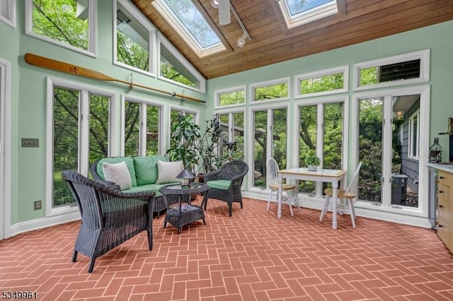 1056 Buxton Rd, Bridgewater Twp, NJ 08807 - sunroom with a skylight, high vaulted ceiling, wooden ceiling, and brick patterned flooring