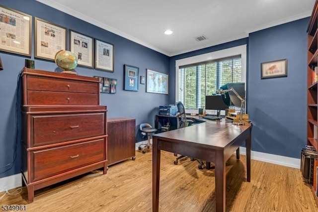 1056 Buxton Rd, Bridgewater Twp, NJ 08807 - home office with crown molding, light wood-style floors, recessed lighting, and baseboards