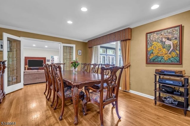 1056 Buxton Rd, Bridgewater Twp, NJ 08807 - dining room featuring light wood-style floors, french doors, crown molding, baseboards, and recessed lighting