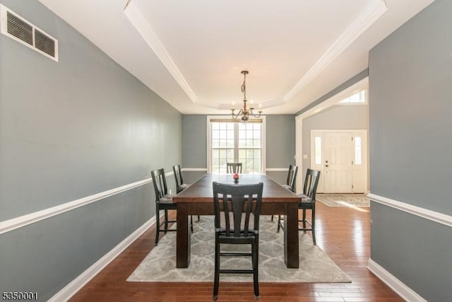 8 Marcin Way, Mount Olive Twp, NJ 07836 - dining room with a tray ceiling, hardwood / wood-style floors, a chandelier, ornamental molding, and baseboards