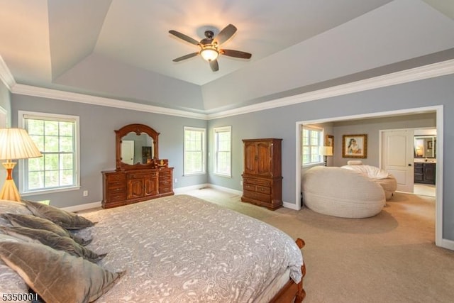 8 Marcin Way, Mount Olive Twp, NJ 07836 - carpeted bedroom featuring a raised ceiling, baseboards, crown molding, and a ceiling fan