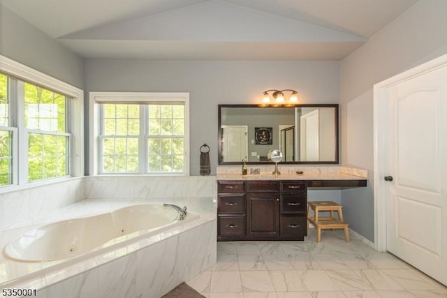 8 Marcin Way, Mount Olive Twp, NJ 07836 - full bath with a tub with jets, vaulted ceiling, vanity, and marble finish flooring