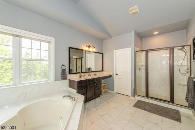 8 Marcin Way, Mount Olive Twp, NJ 07836 - full bath featuring lofted ceiling, a stall shower, a tub with jets, vanity, and marble finish floors