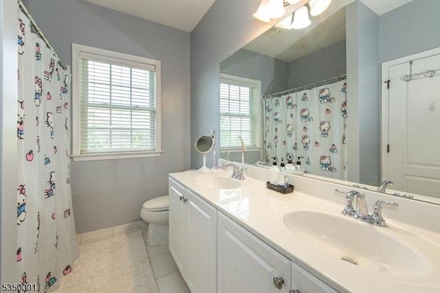 8 Marcin Way, Mount Olive Twp, NJ 07836 - bathroom featuring toilet, double vanity, tile patterned flooring, baseboards, and a shower with curtain
