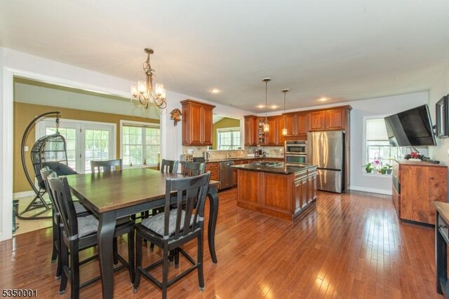 8 Marcin Way, Mount Olive Twp, NJ 07836 - dining room featuring a chandelier, dark wood-type flooring, recessed lighting, and baseboards