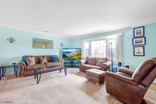 living area featuring light colored carpet and ornamental molding
