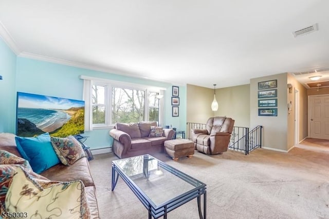 living area with carpet flooring, baseboards, a baseboard radiator, attic access, and ornamental molding