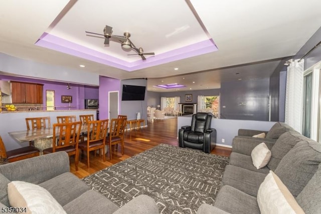 155 Route560, Sandyston Twp, NJ 07851 - living room with wood finished floors, ceiling fan, a tray ceiling, and recessed lighting
