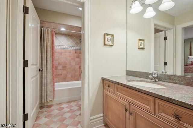 9 Valley View Dr, Lebanon Twp, NJ 07830 - bathroom featuring vanity, tile patterned floors, shower / tub combo, and a chandelier