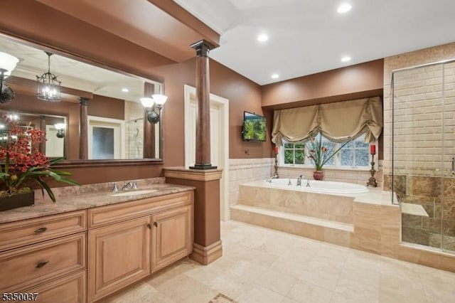 9 Valley View Dr, Lebanon Twp, NJ 07830 - full bathroom with decorative columns, a bath, vanity, a shower stall, and recessed lighting