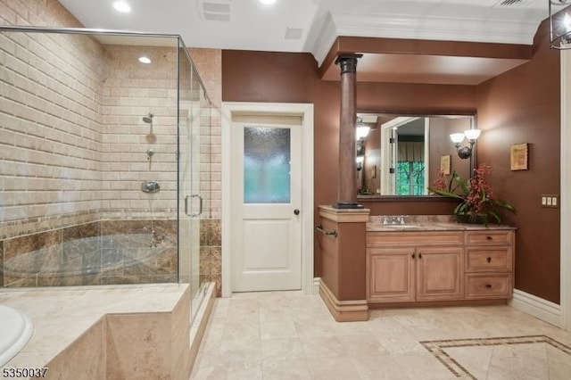 9 Valley View Dr, Lebanon Twp, NJ 07830 - bathroom featuring vanity, baseboards, a stall shower, a bath, and recessed lighting