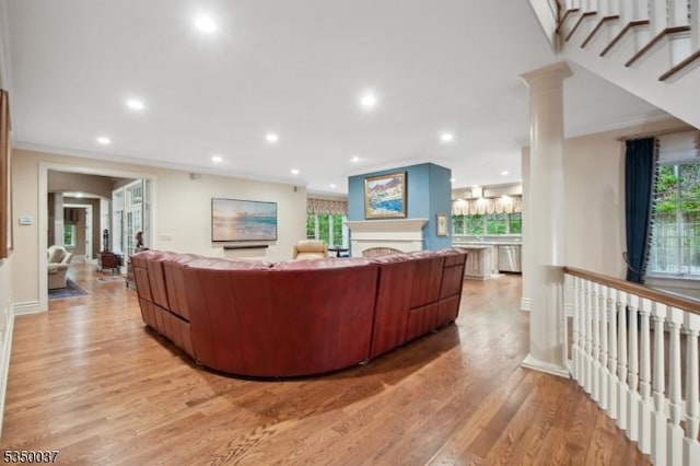 9 Valley View Dr, Lebanon Twp, NJ 07830 - living room featuring crown molding, recessed lighting, light wood-type flooring, baseboards, and a fireplace
