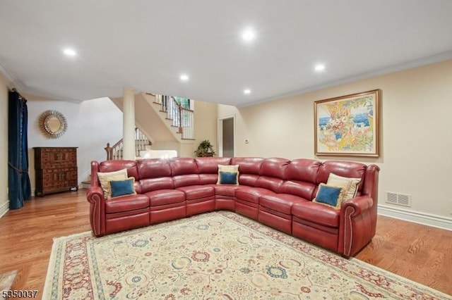 9 Valley View Dr, Lebanon Twp, NJ 07830 - living room featuring baseboards, light wood-type flooring, recessed lighting, stairway, and ornamental molding