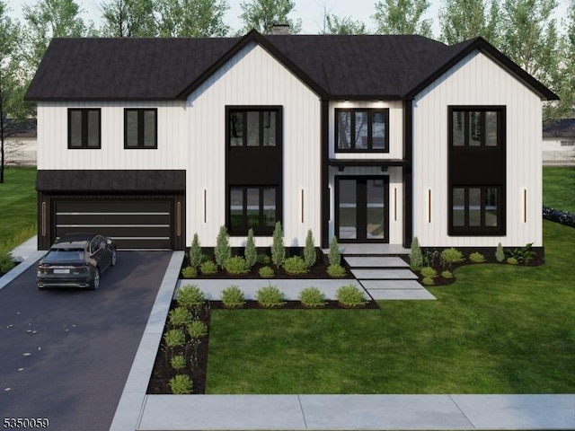 modern farmhouse style home with a shingled roof, driveway, a garage, and a front yard