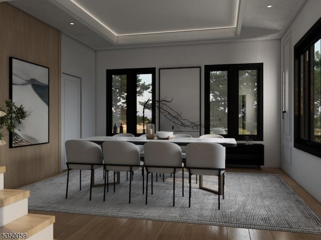 dining room featuring a tray ceiling and wood finished floors