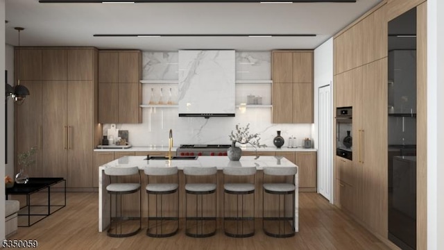 kitchen with exhaust hood, modern cabinets, open shelves, light countertops, and light wood finished floors