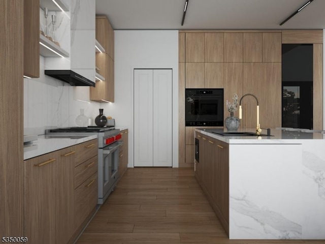 kitchen with black oven, light wood-style flooring, modern cabinets, a sink, and high end stove