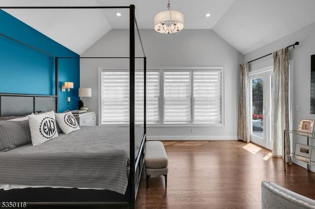 bedroom with access to outside, an inviting chandelier, baseboards, wood finished floors, and lofted ceiling
