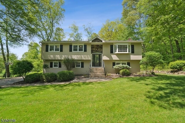 15 Longhill Rd, Randolph Twp, NJ 07869 - bi-level home with entry steps, a front yard, and a chimney