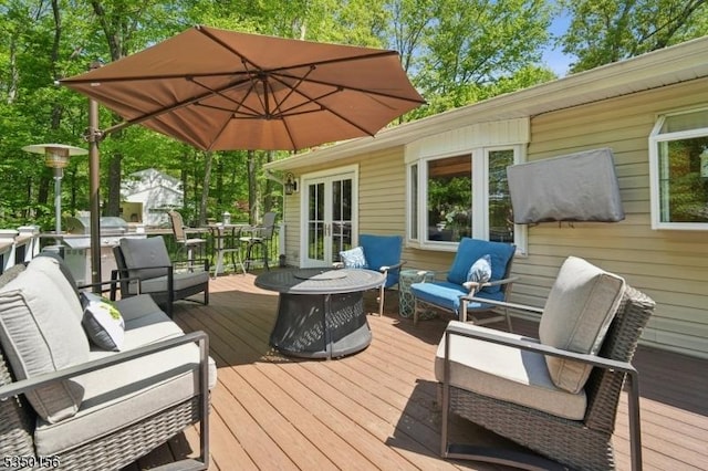 15 Longhill Rd, Randolph Twp, NJ 07869 - wooden deck featuring an outdoor living space with a fire pit and french doors