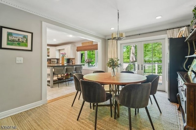 15 Longhill Rd, Randolph Twp, NJ 07869 - dining area featuring recessed lighting, french doors, a chandelier, ornamental molding, and baseboards