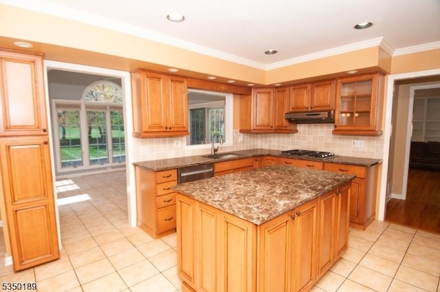 kitchen with appliances with stainless steel finishes, a sink, light tile patterned floors, dark stone countertops, and under cabinet range hood
