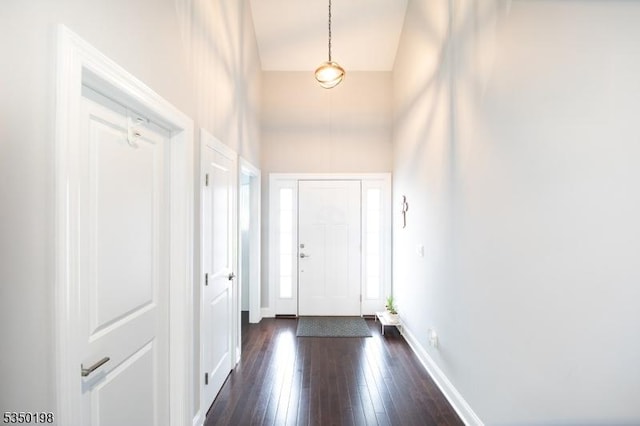 entryway featuring dark wood-style flooring, baseboards, and a towering ceiling